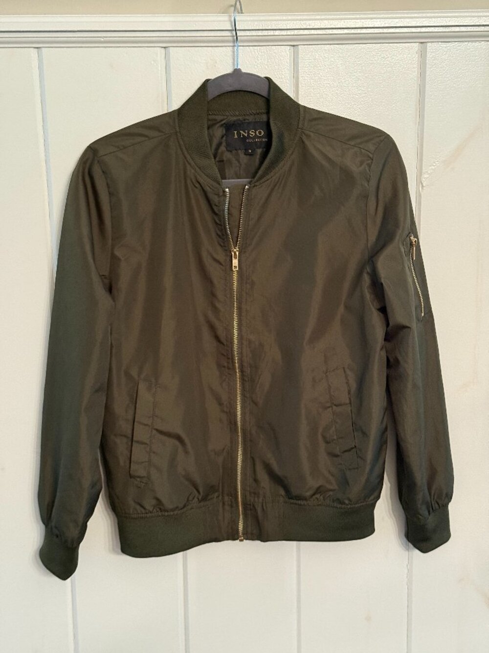 INSO OLIVE BOMBER JACKET GOLD ZIPPER STRETCH WAIST BAND & WRISTS